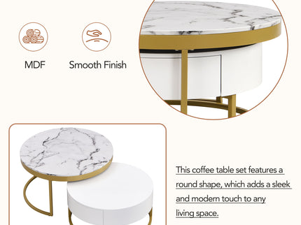 Round Nesting Coffee Table With Drawers - Golden / White