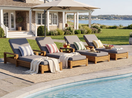 Chaise Lounge With Armrests, 2 Fold Cushion Set, 3 Position Adjustable Backrest, For Patio Pool - Dark Gray / Teak