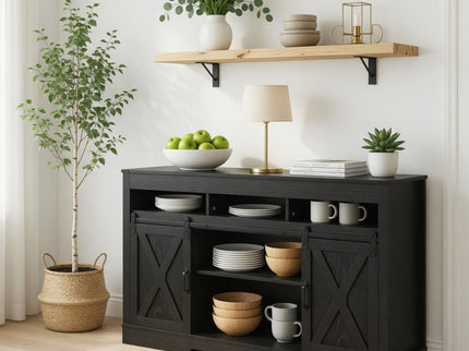 Farmhouse TV Stand With Sliding Barn Doors & Adjustable Storage