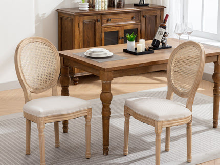 French Style Solid Wood Frame Antique Painting Fabric Rattan Back Dining Chair (Set of 2)