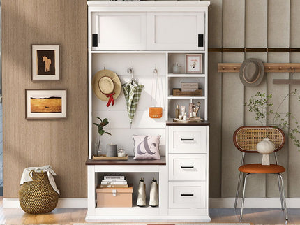 Modern Wide Hall Tree With Coat Rack, 3 Shelves And Drawers, 3 Sturdy Hooks