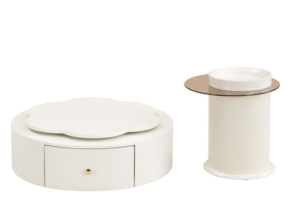 Modern Round Coffee Table (Set of 2), 360 Degree Rotatable Flower Shaped Top With 2 Drawers, Top Circle Side Table End Table With Glass For Living Room - Off White