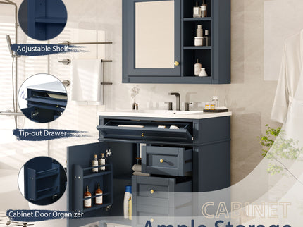 Bathroom Vanity With Top Sink, 2 Doors And 3 Drawers, Freestanding Set With Mirror Cabinet