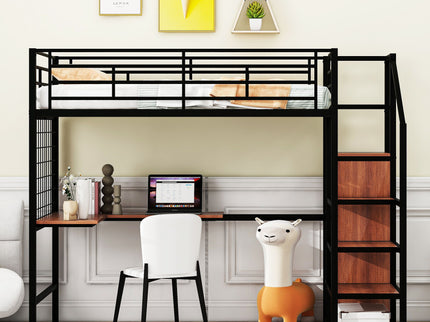 Loft Bed With Desk And Grid, Stylish Frame With Lateral Storage Ladder And Wardrobe
