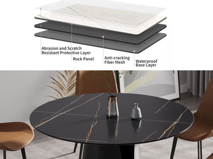 Modern Artificial Stone Round Carbon Steel Base Dining Table, Can Accommodate 6 People - Black