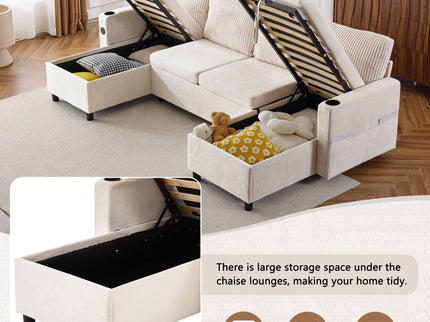 Sectional Sofa Bed With Pull Out Sleeper, USB Ports, Cup Holders