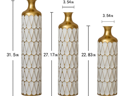 Floor Metal Vase Modern Style Decoration Home Droplet Shaped Metal Vase 3 Piece Set Gorgeous Home Decoration Large Glazed Metal Vase - Gold / White