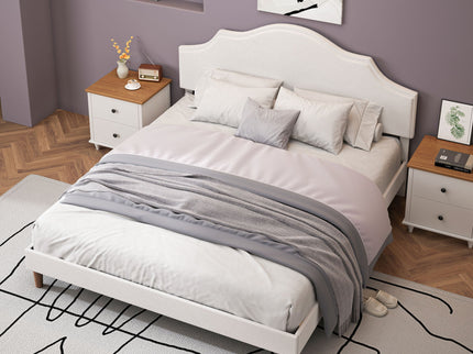 King Size, Upholstered Platform Bed Frame With Adjustable Headboard, No Box Spring Needed - White