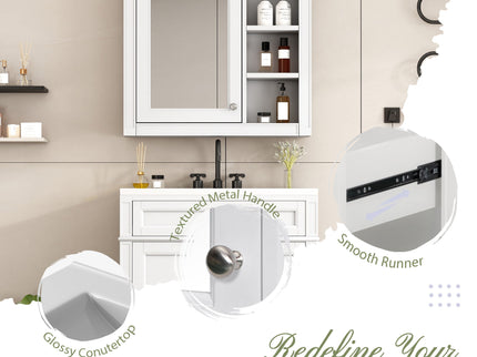 Bathroom Vanity With Top Sink, 2 Doors And 3 Drawers, Freestanding Set With Mirror Cabinet