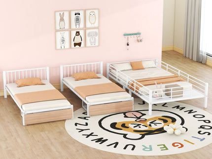 Triple Bunk Bed With Drawers, Multi-Functional Frame With Desks And Shelves In The Middle