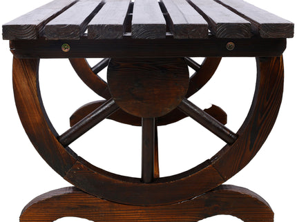 Rustic Wooden Bench With Wagon Wheel Legs For Garden And Patio - Brown