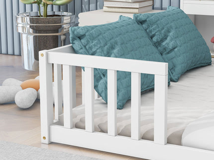 Floor Bed With Side Bookcase, Shelves, Guardrails