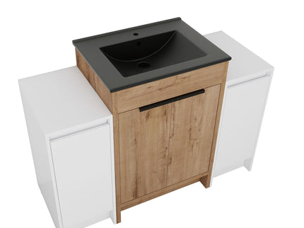 48" Freestanding Bathroom Vanity With Sink And 2 Storage Cabinets, Soft Closing Door - Glossy White / Imitative Oak