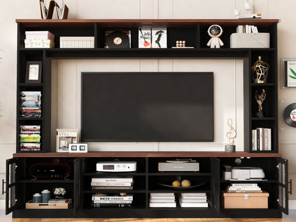 Wall Unit Entertainment Center With Bookshelves For TVs Up To 80", Tempered Glass Doors And Adjustable Shelves