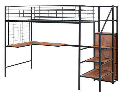Loft Bed With Desk And Grid, Stylish Frame With Lateral Storage Ladder And Wardrobe