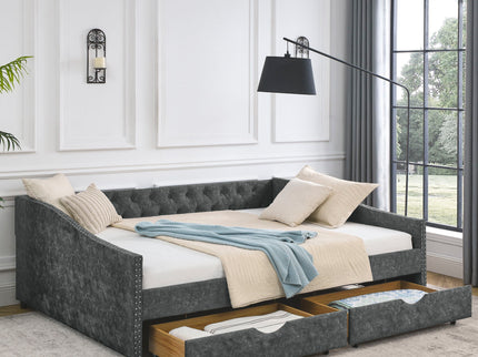 Queen Size Upholstered Daybed With Tufted Back And Nail Trimmed Waved Arms - Gray