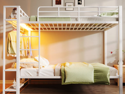 Bunk Bed With Storage Shelves, Clothes Hooks, LED Light