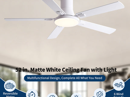 Flush Mount Ceiling Fans With LED Light And Remote Control, 5 Blades