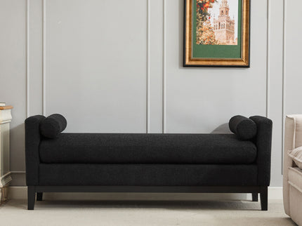 Elegant Upholstered Bench, Daybed, Ottoman With Wood Legs & 2 Bolster Pillows - Black Boucle