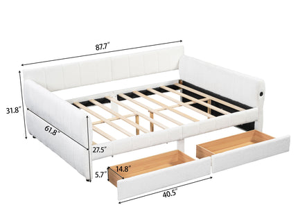 Queen Upholstered Platform Bed With USB Charging And 2 Storage Drawers - White