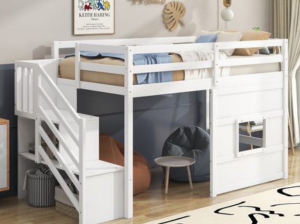 Loft Bed With Storage Staircase, Window & LED Light