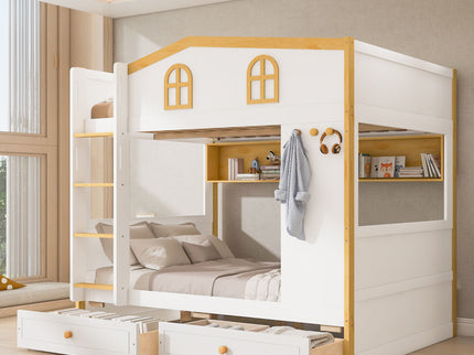 Twin Over Twin Bunk Bed With House Shaped Guardrails, Storage Shelves & Drawers - White / Natural