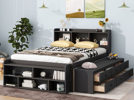 Bed With Bookcase Headboard, Under Bed Storage Drawers And Bed End Storage Case