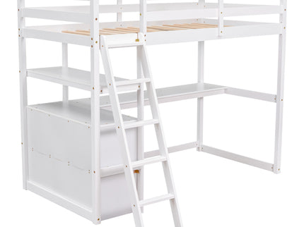 Modern Loft Bed With Built In Desk, Shelves, And 2 Drawers