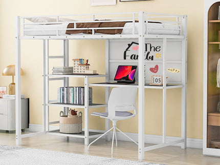 Metal Loft Bed With Desk, 3 Shelves And Ladder