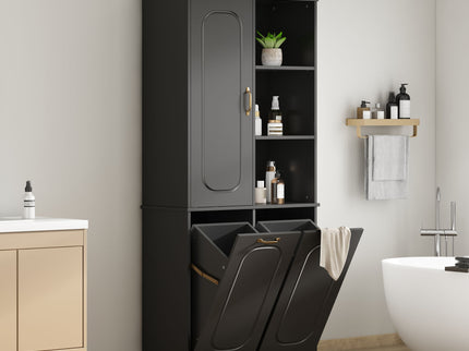 Freestanding Tall Storage Cabinet With 2 Tilt Out Hampers