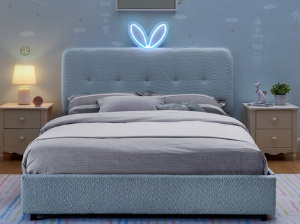 Upholstered Bed With Oversized Rabbit Ear Headboard, LED Lights & 4 Storage Drawers