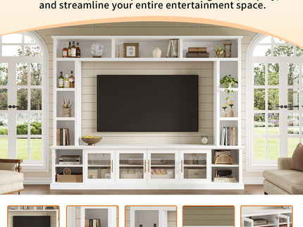 All-In-One Entertainment Center With Bookshelves & Tempered Glass Doors, TV Console Unit For Living Room