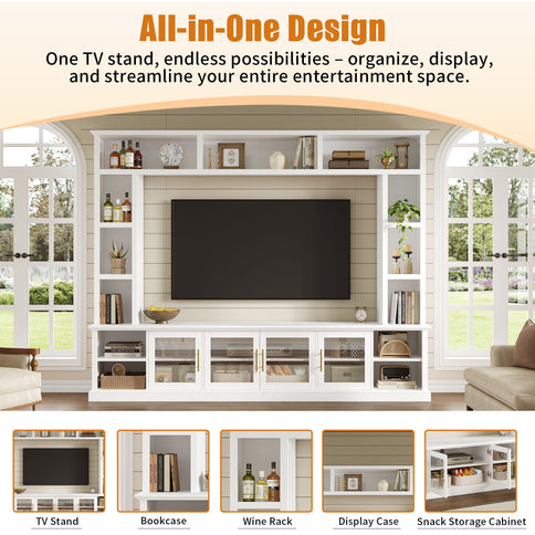 All-In-One Entertainment Center With Bookshelves & Tempered Glass Doors, TV Console Unit For Living Room