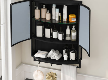 Arched Glass Double Door Wardrobe With Shatterproof Mirror, Open Shelf & Towel Rack