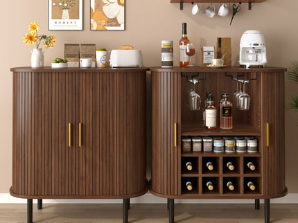 Fluted Wine Bar Cabinet With 8 Grid Wine Rack, 5 Level Adjustable Shelves, 2 Glass Holders