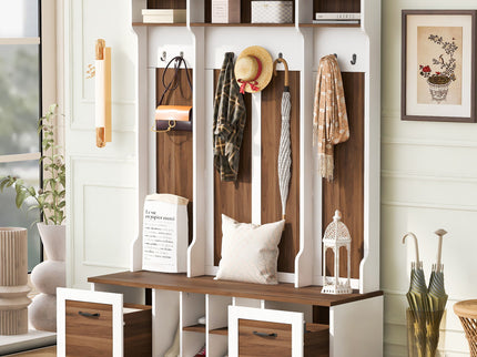 5 In 1 Entryway Bench With Coat Rack, 7 Sturdy Hooks, 2 Spacious Drawers And Adjustable Shelves