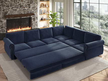 L-Shaped Sofa Couch With Pull Out Bed With Nailhead Trim & Rolled Arm