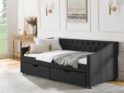 Upholstered Tufted Daybed With 2 Drawers, Waved Arms