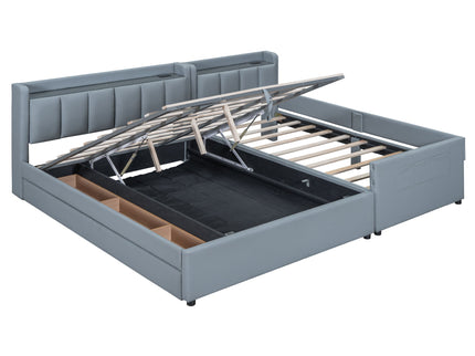 Upholstered Mother & Child Bed With Hydraulic Storage System, Drawer Box, Bedhead Storage Shelf And 2 Pairs Of Sockets & USB Ports