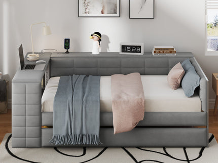 Upholstered Platform Bed With Storage Shelves, Desk, Charging Station And Trundle