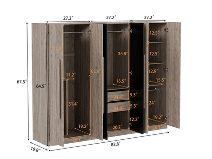 6 Doors Wardrobe Storage For Bedroom, With 2 Drawers Inside - Black / Nature