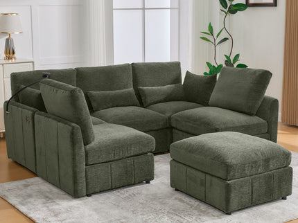 Modern Modular U-Shaped Sofa Bed With Movable Ottoman, USB Ports, Phone Holder