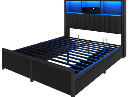 Bed Frame With High Storage Headboard, LED Light And Charging Station, 4 Storage Drawers