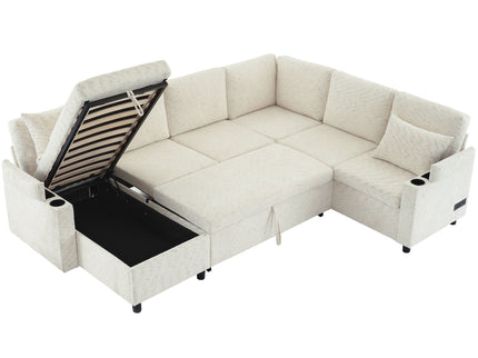 U-Shaped Sectional Sleeper Sofa With Ample Storage Space, 2 Cup Holders And Charging Ports For Living Room