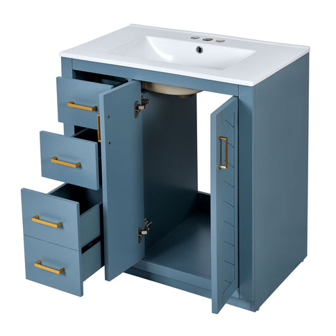 Ceramic Sink Combo, Freestanding Vanity Set With 3 Drawers & Soft Closing Doors