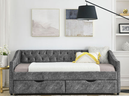 Upholstered Tufted Daybed With 2 Drawers, Waved Arms