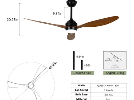 Ceiling Fan With Lights Quiet DC Motor 3 Blade Ceiling Fans 6 Speed Levels, Reversible Ceiling Fan - Matte Black / Wood