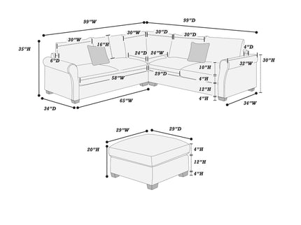 Modern Sectional Set With Corner Wedge, Loveseat, Ottoman & 2 Pillows