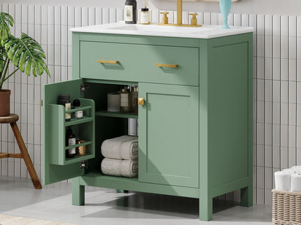 Bathroom Vanity With Ceramic Sink, Modern Single Bathroom Cabinet With 2 Doors And A Shelf, Soft Close Doors