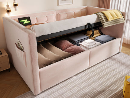 Upholstered Hydraulic Storage Daybed With USB & Type C Charging